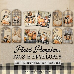 Gingham Plaid Pumpkin Tags & Mini Envelopes, Cozy Autumn Junk Journal Kit Extras, Pumpkin Ephemera, Paper Craft, Cozy Fall Ephemera
