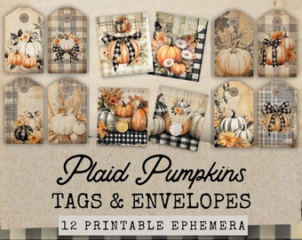 Gingham Plaid Pumpkin Tags & Mini Envelopes, Cozy Autumn Junk Journal Kit Extras, Pumpkin Ephemera, Paper Craft, Cozy Fall Ephemera