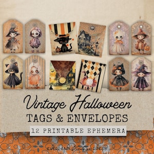 Vintage Halloween Tags & Mini Envelopes, Halloween Ticket Junk Journal Kit Extras, Pumpkin Ephemera, Paper Craft, Halloween Ephemera