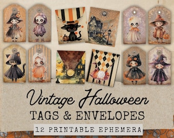 Könnte beinhalten: Zwölf druckbare Vintage-Halloween-Etiketten und -Umschläge mit Illustrationen von Hexen, Skeletten, Katzen und Häusern. Der Text "Vintage Halloween Tags & Envelopes 12 Printable Ephemera" ist unten auf dem Bild gedruckt.