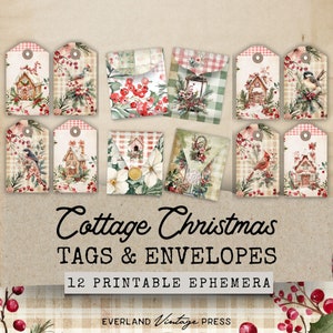Cottage Christmas Junk Journal kortstondige, rustieke Christmas Junk Journal Kit Tags en mini-enveloppen, traditionele kerst kortstondige
