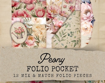 Pioenrozen Junk Journal Kit Folio, 12 bloemen Folio Pocket Afdrukbare Ephemera, Peony Junk Journal Folio, Ephemera Cards, Digitale collage