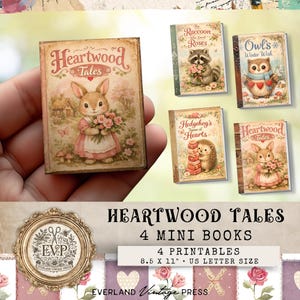 May include: A collection of miniature books with charming illustrations. The books feature titles like "Heartwood Tales," "The Raccoon Who Loved Roses," and "Owl's Winter Wish." The covers showcase adorable animal characters and floral designs. The text "Heartwood Tales" is visible on the cover of the main book.