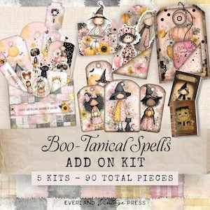 May include: A collection of whimsical paper tags and embellishments with a Halloween theme. The tags feature illustrations of witches, pumpkins, and floral elements in soft pastel colors. The text "Boo-Tanical Spells" and "Add On Kit" are visible. The kit includes 5 kits and 90 total pieces.