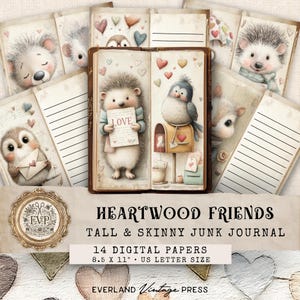 Puede incluir: Un diario de estilo vintage titulado "Heartwood Friends", con ilustraciones de animales adorables, como erizos y pájaros, con motivos de corazones y amor. El diario mide 21,6 x 27,9 cm y contiene 14 papeles digitales.