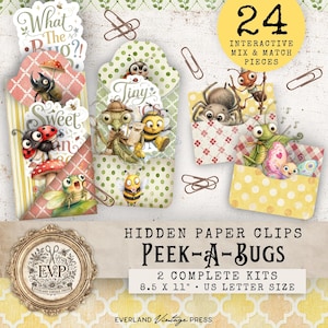 May include: A set of 24 interactive mix and match paper craft kits titled Peek-A-Bugs, featuring illustrated insects like ladybugs, bees, and spiders on patterned envelopes. The kit includes text stating 24 interactive mix and match pieces and 8.5 x 11 inch US letter size.