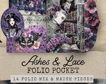 May include: A collage of vintage-style ephemera in shades of purple, gray, and cream. The design includes illustrations of flowers, butterflies, a woman, and a couple. Text reads "Ashes & Lace FOLIO POCKET" and "14 FOLIO MIX & MATCH PIECES."