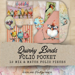 Carnet de bord éphémères oiseaux originaux à imprimer folio, 12 pochettes éphémères imprimables, suppléments de pages de carnet de bordels oiseaux originaux, cartes éphémères