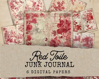 Toile Junk Journal, Red Toile De Jouy Junk Journal Pages, Vintage Junk Journal Kit, Rose Junk Journal Double Pages, Toile Ephemera