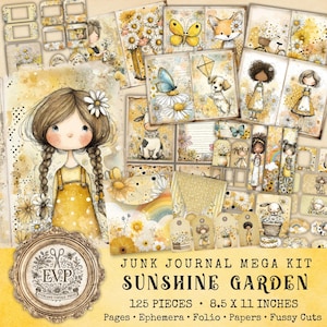 Puede incluir: Un mega kit de diario basura titulado "Sunshine Garden" con 125 piezas. El kit incluye p&aacute;ginas, ef&iacute;meras, folios, papeles y recortes minuciosos. Las ilustraciones presentan una ni&ntilde;a, flores, mariposas y animales en tonos amarillos y crema.