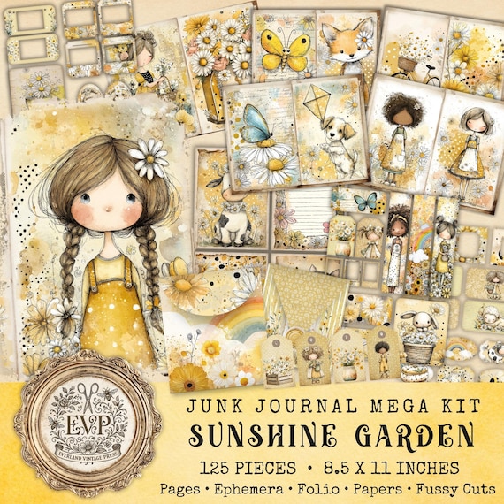 Sunshine Garden Junk Journal Bundle, Whimsical Junk Journal for Children, Cottage Girl Junk Journal, Fussy Cut Daisy Printable Ephemera
