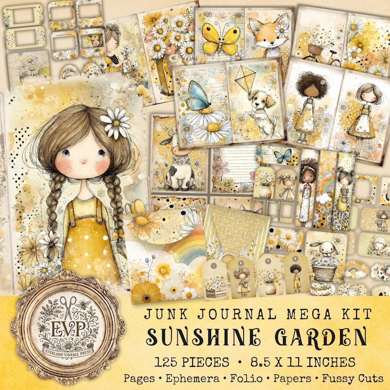 Puede incluir: Un mega kit de diario basura titulado "Sunshine Garden" con 125 piezas. El kit incluye p&aacute;ginas, ef&iacute;meras, folios, papeles y recortes minuciosos. Las ilustraciones presentan una ni&ntilde;a, flores, mariposas y animales en tonos amarillos y crema.