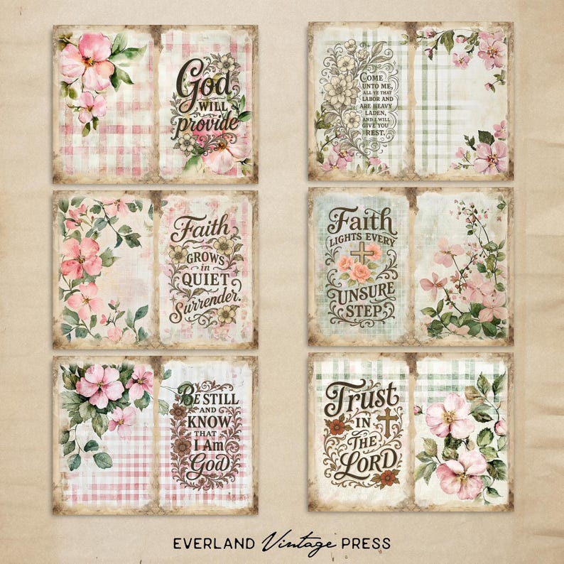 May include: A collection of vintage-style prints featuring floral designs and inspirational quotes. Each print showcases pink flowers, checkered patterns, and phrases like "God will provide" and "Trust in the Lord." The prints have a distressed, aged appearance.