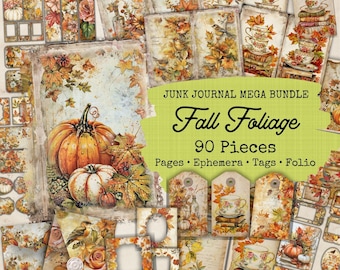 Könnte beinhalten: Eine digitale Collage aus 90 druckbaren Bildern für Junk Journaling. Die Bilder zeigen Herbstlaub, Kürbisse, Teetassen, Bücher und Vintage-Ephemera. Der Text "JUNK JOURNAL MEGA BUNDLE Fall Foliage 90 Pieces Pages Ephemera Tags Folio EVERLAND Vintage PRESS" ist im Bild enthalten.