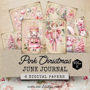 Pink Traditional Christmas Junk Journal Kit, Pink Vintage Christmas Junk Journal Pages, 6 Digital Christmas Journal Pages,Christmas Ephemera