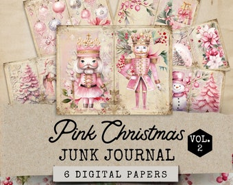 Pink Traditional Christmas Junk Journal Kit, Pink Vintage Christmas Junk Journal Pages, 6 Digital Christmas Journal Pages,Christmas Ephemera