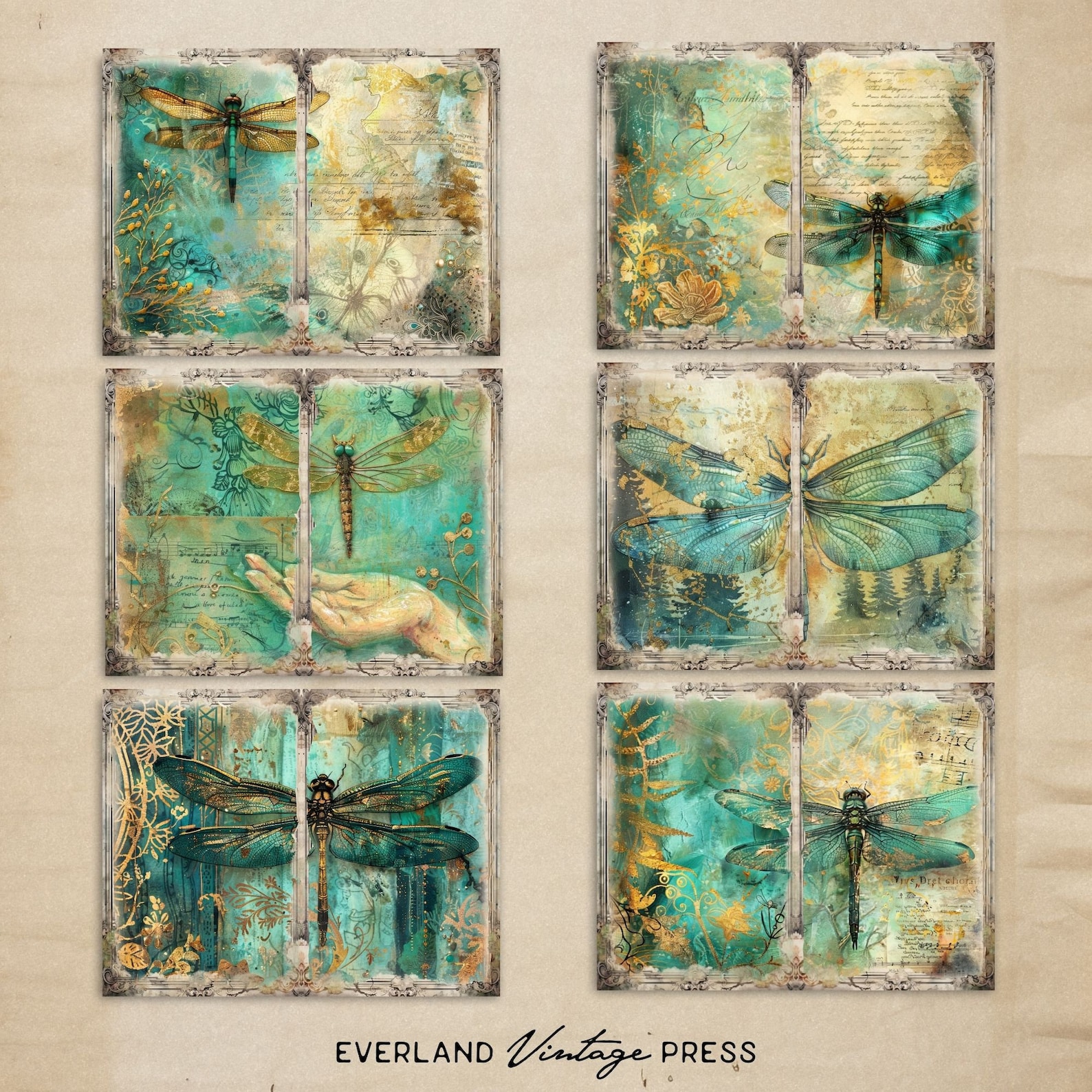 Dragonfly Junk Journal Papers, Teal and Gold Junk Journal Kit, 6 ...