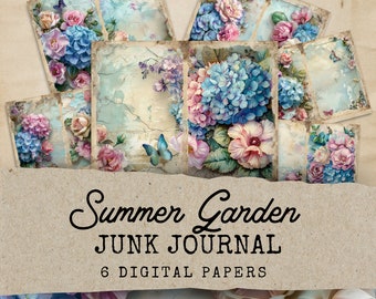 Summer Garden Floral Junk Journal Pages, Watercolor Wildflowers Junk Journal Kit, 6 Pastel Junk Journal Pages, Paper Craft, Ephemera