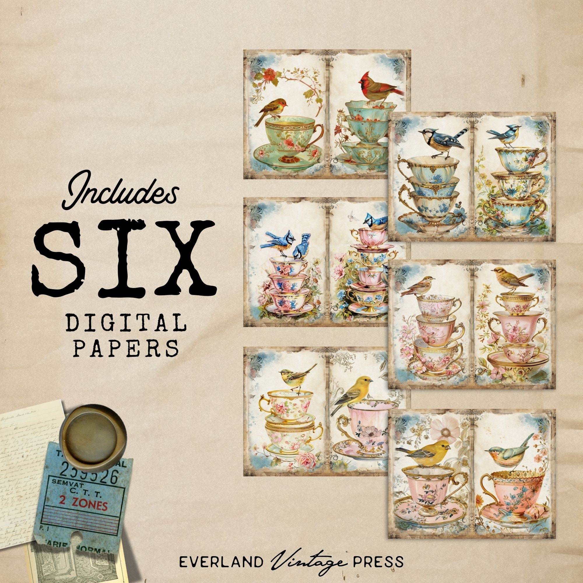 Tea Cups Junk Journal Papers, 6 Digital Pastel Pink and Blue Floral ...