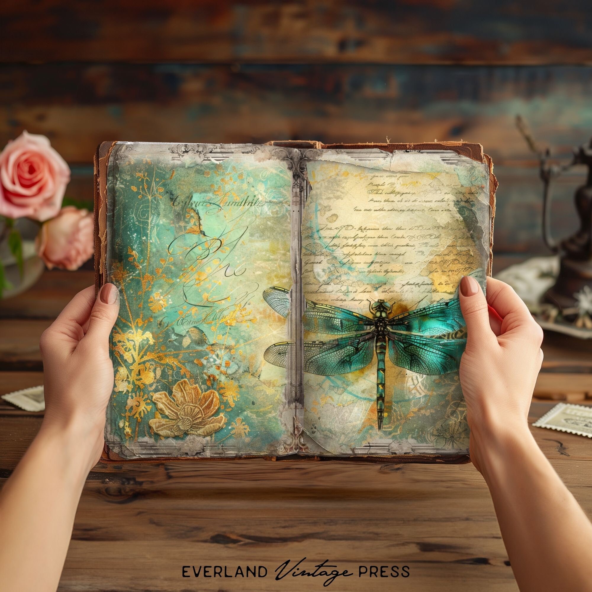 Dragonfly Junk Journal Papers, Teal and Gold Junk Journal Kit, 6 ...