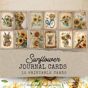 Watercolor Sunflower Junk Journal Cards, 12 Printable Vintage Ephemera Junk Journal Cards, Sunflower Junk Journal Kit, Printable Ephemera