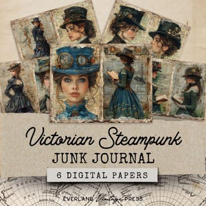 Victorian Steampunk Lady Junk Journal, Steampunk Junk Journal Kit, 6 Steampunk Junk Journal Pages,Digital Collage,Vintage Steampunk Ephemera