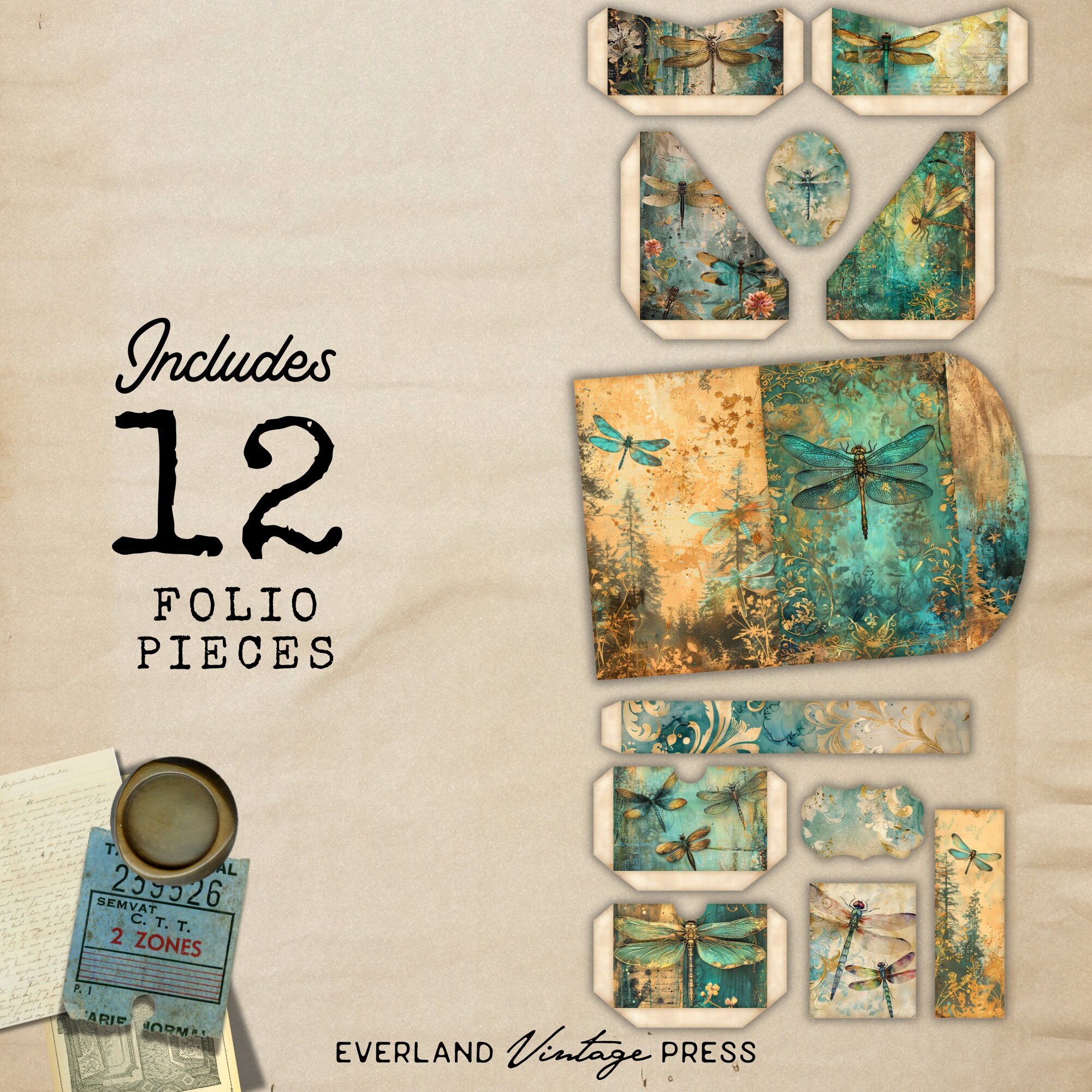 Junk Journal Folio Dragonfly, 12 Printable Pocket Ephemera, Dragonfly ...
