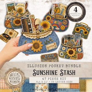 May include: A 47-piece Sunshine Stash illusion pocket bundle kit, 21.6 x 27.9 cm, featuring multiple denim-style pouches with sunflower, rainbow, and peace sign graphics, plus various retro-themed paper cutouts and interactive pocket elements.