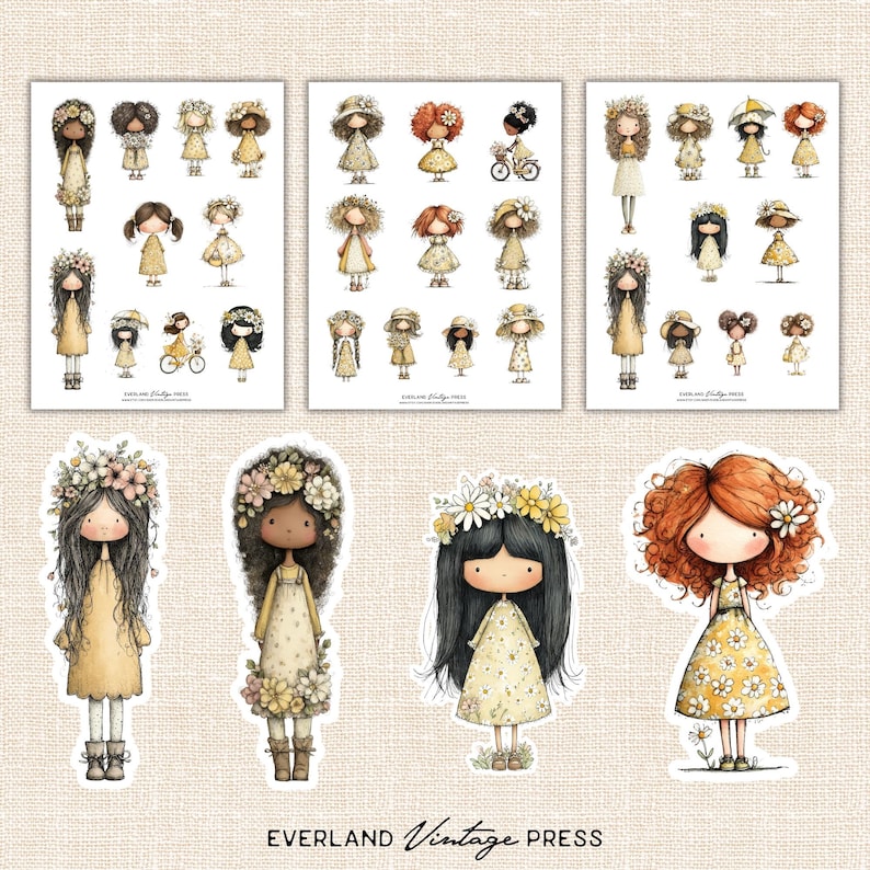 May include: Watercolor stickers featuring illustrations of girls with floral crowns and dresses. The stickers include individual figures and sheets with multiple designs. The text "EVERLAND Vintage PRESS" is at the bottom.