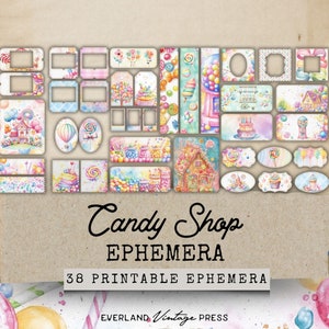 Candy Shop Junk Journal Kit Ephemera, 38 Printable Pastel Sweets Junk Journal Kit Extras, Paper Craft, Pink and Blue Pastel Paper