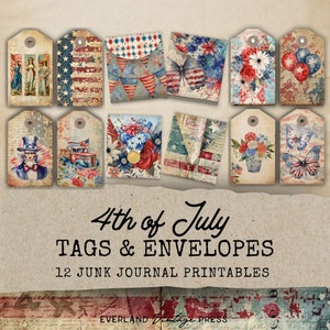 Junk Journal Kit 4th July Tags & Mini Envelopes, Fourth of July Ephemera Kit Extras, Patriotic Ephemera Cards, 4th of July Junk Journal Kit