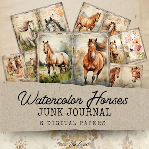 Aquarell Pferde Junk Journal Seiten, druckbare Seite, Junk Journal, Pferde Junk Journal Kit, 6 Seiten, Papiermodelle