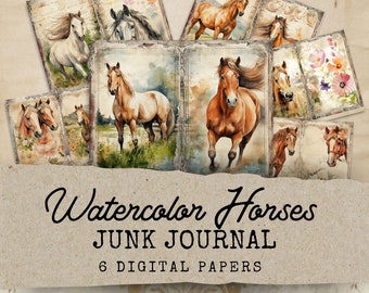 May include: Six digital papers featuring watercolour illustrations of horses in various poses. The papers have a vintage aesthetic with a distressed background and text that reads "Watercolor Horses Junk Journal 6 Digital Papers".
