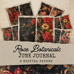 Red and Black Floral Junk Journal Pages, Red Rose Junk Journal, Junk Journal Digital Download Denim, 6 Digital Journal Pages, Paper Craft