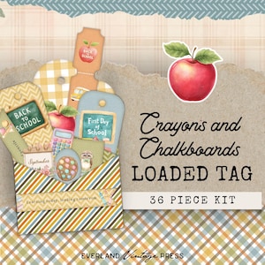 May include: A collection of school-themed tags and embellishments, including apples, chalkboards, and the text "Crayons and Chalkboards LOADED TAG." The kit includes 36 pieces and features a vintage aesthetic with a plaid and striped pattern.