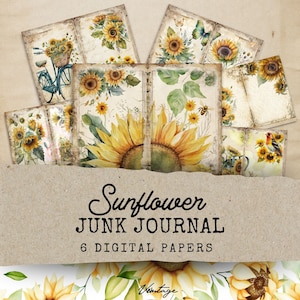 Sunflower Junk Journal Page, Junk Journal Printable Page, Sunflower Junk Journal Digital Kit, 6 Digital Journal Pages Sunflowers,Paper Craft