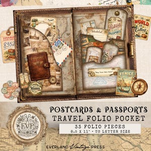 May include: A vintage travel folio pocket with postcards, passports, and travel ephemera. The open book design features a brown leather cover, a compass, and the text "Postcards & Passports Travel Folio Pocket". Includes 33 folio pieces, 21.59 cm x 27.94 cm.