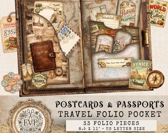 Kit di cartoline e passaporti, Folio da viaggio, Materiale effimero di viaggio vintage, Diario del passaporto, Album di ritagli Wanderlust, Materiale effimero digitale per viaggi su strada