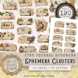 May include: A collection of vintage-style ephemera clusters featuring botanical illustrations, butterflies, pocket watches, and floral labels. The set includes 190 pieces across 20 US letter pages, with text labels like garden harvest, bloom season, and botanical remedies.
