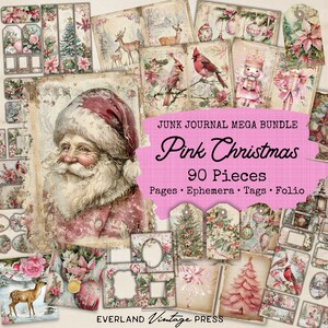 May include: A digital collage sheet with 90 pieces of pink Christmas themed images. The images include Santa Claus, reindeer, Christmas trees, ornaments, and other festive elements. The text "JUNK JOURNAL MEGA BUNDLE Pink Christmas 90 Pieces Pages Ephemera Tags Folio EVERLAND Vintage PRESS" is printed on the sheet.