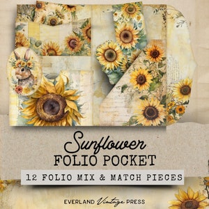 Sunflower Folio, Fall Junk Journal Folio, 12 itens de bolso imprimíveis, Kit digital Sunflower Junk Journal, Cartões de itens de bolso, Fall Folio Pocket