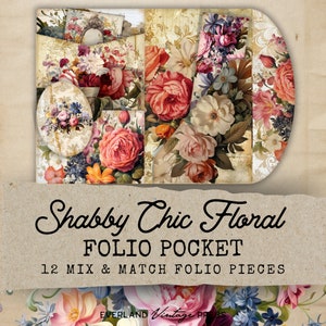 Shabby Chic Folio, 12 flower folio pocket printable Ephemera, Shabby Chic Floral Junk Journal Kit Extras, Ephemera Cards, Digital Collage