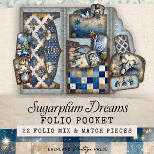 May include: A collection of "Sugarplum Dreams" folio pocket mix and match pieces. The design features a blue and gold color scheme with illustrations of a mouse king, a train, and other fairytale elements. The text "22 Folio Mix & Match Pieces" is visible.