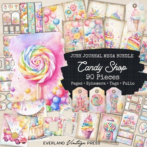 Candy Shop Junk Journal, Regenbogen Junk Journal Papiere, Pastell Rosa und Blau Junk Journal, 6 Digital Candy Shop Ephemera, Pastell Digital Papier
