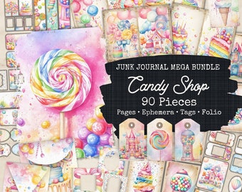 Candy Shop Junk Journal, Rainbow Junk Journal Papers, Pastel Pink and Blue Junk Journal, 6 Digital Candy Shop Ephemera, Pastel Digital Paper