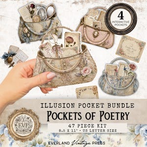 May include: A 47-piece Illusion Pocket Bundle kit titled Pockets of Poetry, 21.6 x 27.9 cm US letter size. The kit features paper cutouts of ornate handbags with interactive pockets, vintage-style floral illustrations, and decorative ephemera.