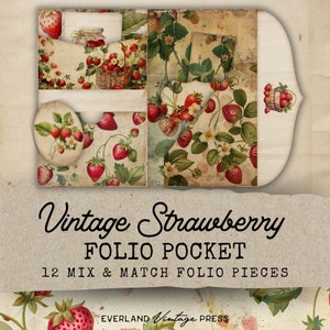 Strawberry Junk Journal Folio Printables, 12 Printable Pocket Ephemera, Strawberry Junk Journal Kit Extras, Ephemera Cards, Digital Collage