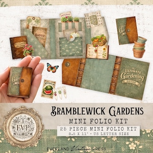 Peut inclure: Un ensemble de miniatures sur le thème du jardinage, comprenant des livres et des étiquettes. Le kit présente un mini folio avec le texte "The Ultimate Gardening Guide" et "Bramblewick Gardens Mini Folio Kit". La palette de couleurs comprend le marron, le vert et le crème.