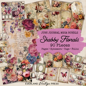 Shabby Chic Floral Junk Journal Kit -90 Pieces, Rose Junk Journal Double Pages, Shabby Chic Junk Journal Kit Extras, Vintage Ephemera Cards