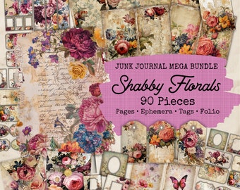 Shabby Chic Floral Junk Journal Kit -90 Pieces, Rose Junk Journal Double Pages, Shabby Chic Junk Journal Kit Extras, Vintage Ephemera Cards